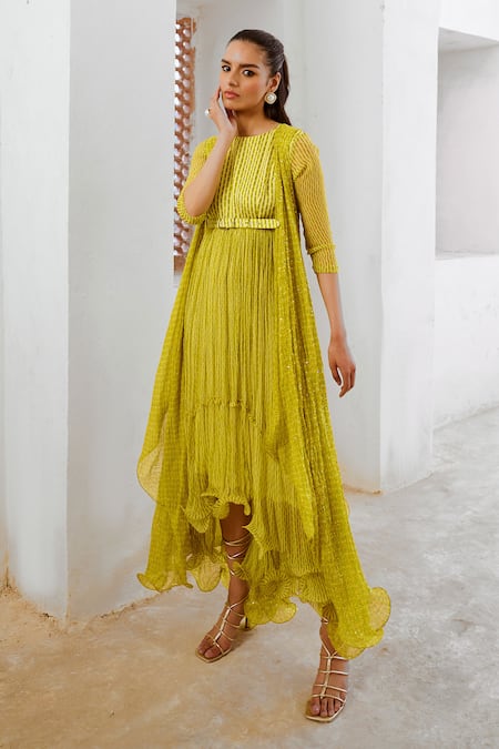 Buy Pallavi Jaipur Green Chiffon, Silk Sequins Round Neck Matchstix Print Cape High-low Dress Set Online at Aza Fashions Buy_Pallavi Jaipur_Green Chiffon, Silk Sequins Round Neck Matchstix Print Cape High-low Dress Set _Online_at_Aza_Fashions