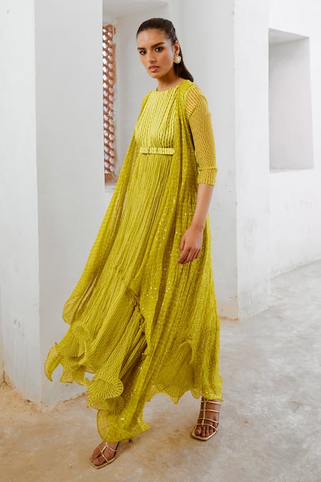 Shop Pallavi Jaipur Green Chiffon, Silk Sequins Round Neck Matchstix Print Cape High-low Dress Set Online at Aza Fashions Shop_Pallavi Jaipur_Green Chiffon, Silk Sequins Round Neck Matchstix Print Cape High-low Dress Set _Online_at_Aza_Fashions