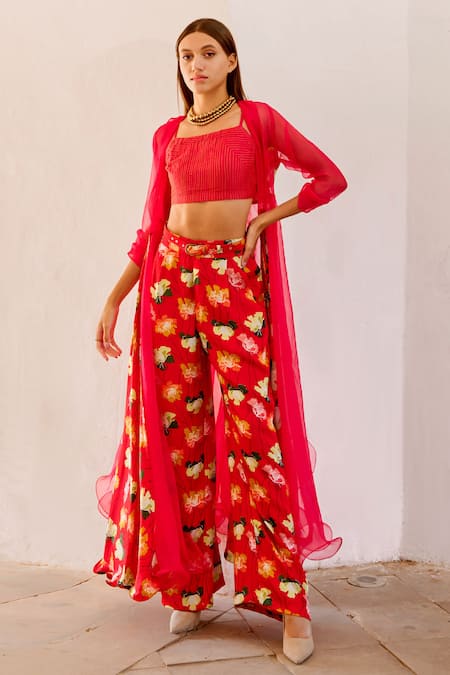 Pallavi Jaipur Red Blouse Chanderi Printed Poppy Planet Jacket Open Pant Set 