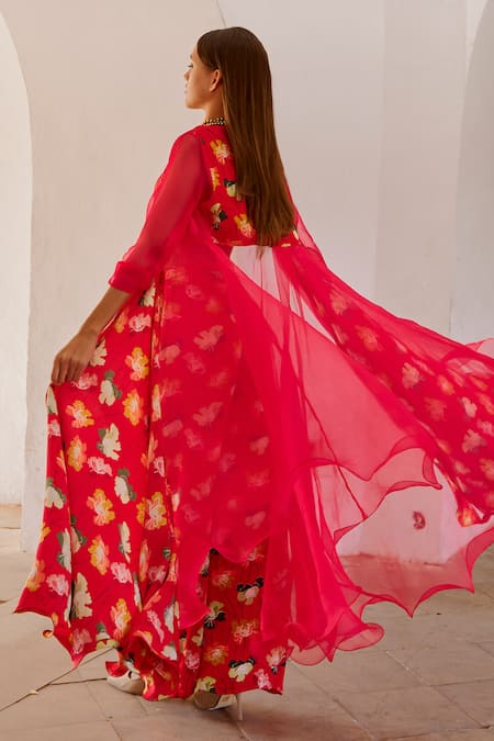 Shop Pallavi Jaipur Red Chanderi, Organza, Silk Embroidery Square Poppy Planet Print Jacket Pant Set at Aza Fashions Shop_Pallavi Jaipur_Red Chanderi, Organza, Silk Embroidery Square Poppy Planet Print Jacket Pant Set _at_Aza_Fashions