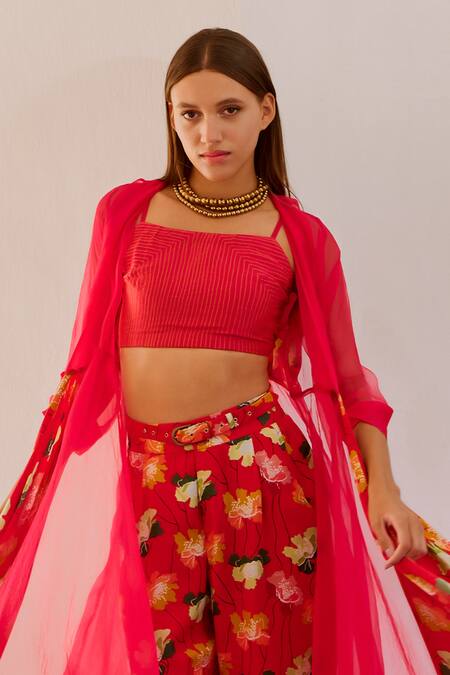 Buy Pallavi Jaipur Red Chanderi, Organza, Silk Embroidery Square Poppy Planet Print Jacket Pant Set Online at Aza Fashions Buy_Pallavi Jaipur_Red Chanderi, Organza, Silk Embroidery Square Poppy Planet Print Jacket Pant Set _Online_at_Aza_Fashions