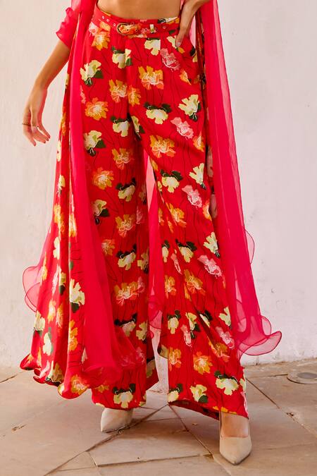 Shop Pallavi Jaipur Red Chanderi, Organza, Silk Embroidery Square Poppy Planet Print Jacket Pant Set Online at Aza Fashions Shop_Pallavi Jaipur_Red Chanderi, Organza, Silk Embroidery Square Poppy Planet Print Jacket Pant Set _Online_at_Aza_Fashions