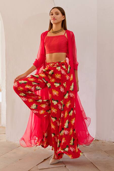 Pallavi Jaipur Red Chanderi, Organza, Silk Embroidery Square Poppy Planet Print Jacket Pant Set at Aza Fashions Pallavi Jaipur_Red Chanderi, Organza, Silk Embroidery Square Poppy Planet Print Jacket Pant Set _at_Aza_Fashions