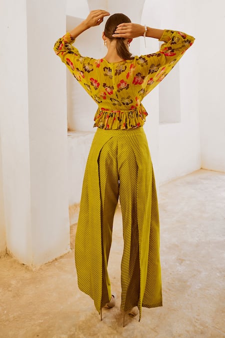 Shop Pallavi Jaipur Green Chiffon, Chanderi, Muslin Embroidery Poppy Planet Print Frill Top Pant Set at Aza Fashions Shop_Pallavi Jaipur_Green Chiffon, Chanderi, Muslin Embroidery Poppy Planet Print Frill Top Pant Set _at_Aza_Fashions