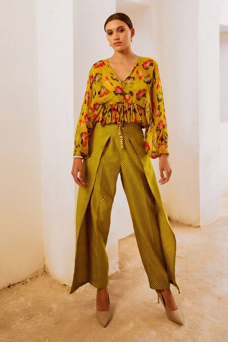 Pallavi Jaipur Green Chiffon, Chanderi, Muslin Embroidery Poppy Planet Print Frill Top Pant Set Online at Aza Fashions Pallavi Jaipur_Green Chiffon, Chanderi, Muslin Embroidery Poppy Planet Print Frill Top Pant Set _Online_at_Aza_Fashions