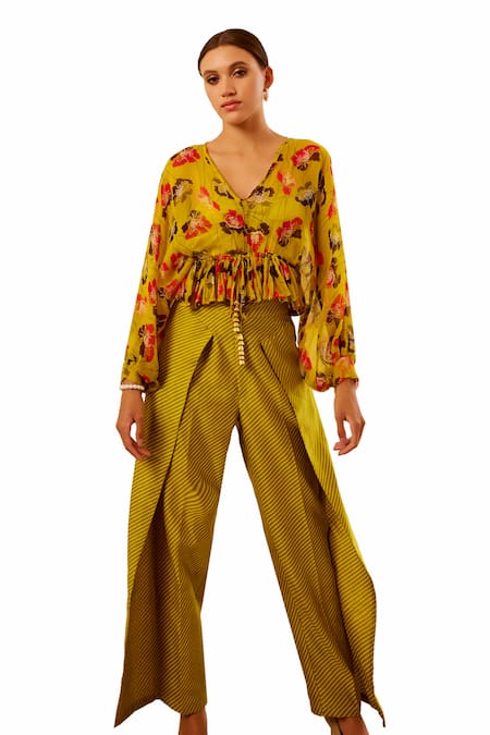 Buy Pallavi Jaipur Green Chiffon, Chanderi, Muslin Embroidery Poppy Planet Print Frill Top Pant Set Online at Aza Fashions Buy_Pallavi Jaipur_Green Chiffon, Chanderi, Muslin Embroidery Poppy Planet Print Frill Top Pant Set _Online_at_Aza_Fashions