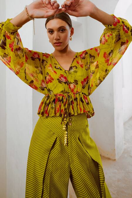 Shop Pallavi Jaipur Green Chiffon, Chanderi, Muslin Embroidery Poppy Planet Print Frill Top Pant Set Online at Aza Fashions Shop_Pallavi Jaipur_Green Chiffon, Chanderi, Muslin Embroidery Poppy Planet Print Frill Top Pant Set _Online_at_Aza_Fashions