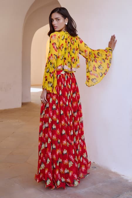 Shop Pallavi Jaipur Red Chiffon, Linen Embroidery, Mirrors Poppy Planet Print Frill Skirt With Top at Aza Fashions Shop_Pallavi Jaipur_Red Chiffon, Linen Embroidery, Mirrors Poppy Planet Print Frill Skirt With Top _at_Aza_Fashions