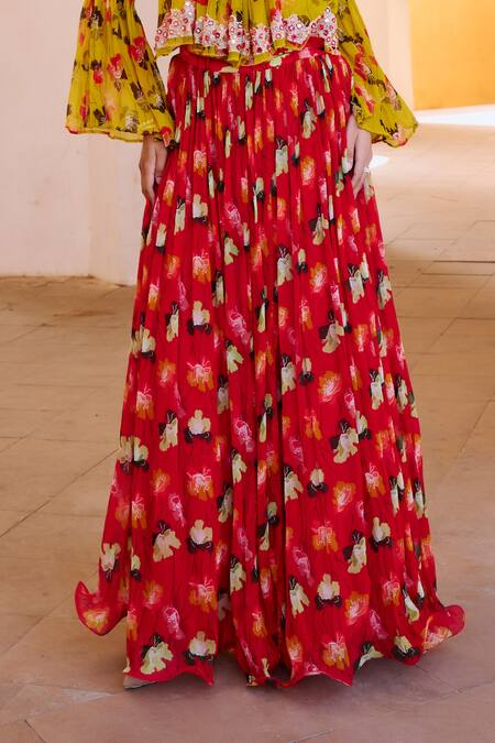 Pallavi Jaipur Red Chiffon, Linen Embroidery, Mirrors Poppy Planet Print Frill Skirt With Top Online at Aza Fashions Pallavi Jaipur_Red Chiffon, Linen Embroidery, Mirrors Poppy Planet Print Frill Skirt With Top _Online_at_Aza_Fashions