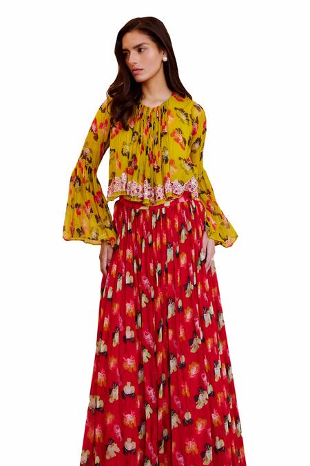 Buy Pallavi Jaipur Red Chiffon, Linen Embroidery, Mirrors Poppy Planet Print Frill Skirt With Top Online at Aza Fashions Buy_Pallavi Jaipur_Red Chiffon, Linen Embroidery, Mirrors Poppy Planet Print Frill Skirt With Top _Online_at_Aza_Fashions