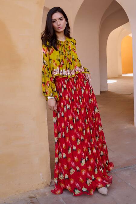 Shop Pallavi Jaipur Red Chiffon, Linen Embroidery, Mirrors Poppy Planet Print Frill Skirt With Top Online at Aza Fashions Shop_Pallavi Jaipur_Red Chiffon, Linen Embroidery, Mirrors Poppy Planet Print Frill Skirt With Top _Online_at_Aza_Fashions