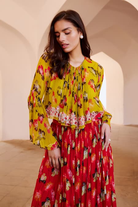 Pallavi Jaipur Red Chiffon, Linen Embroidery, Mirrors Poppy Planet Print Frill Skirt With Top at Aza Fashions Pallavi Jaipur_Red Chiffon, Linen Embroidery, Mirrors Poppy Planet Print Frill Skirt With Top _at_Aza_Fashions