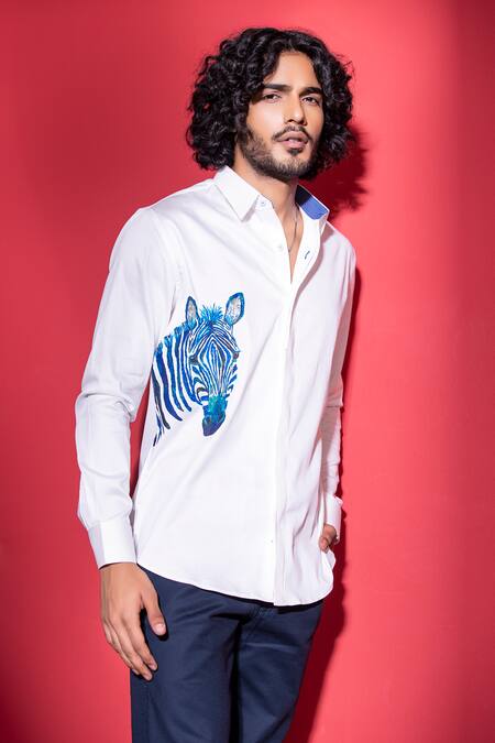 Buy Amit Arora White Cotton, Lycra Embroidery Zebra Print Shirt Online at Aza Fashions Buy_Amit Arora_White Cotton, Lycra Embroidery Zebra Print Shirt_Online_at_Aza_Fashions