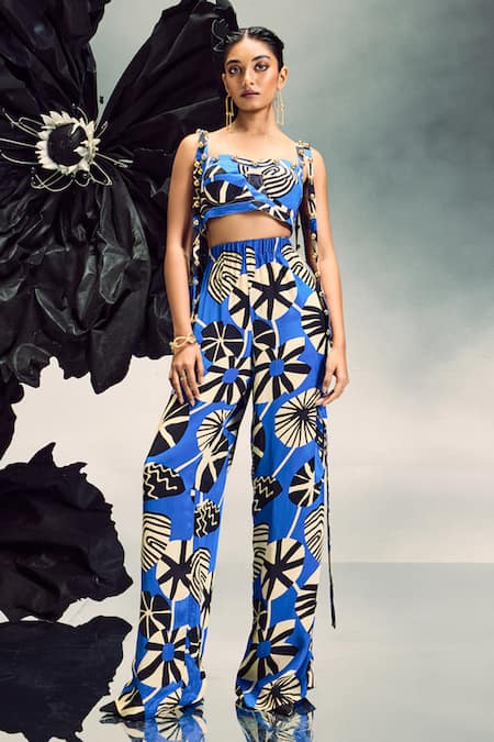 Maison Blu Blue Crepe Printed Abstract Square Geometric Top With Pant 