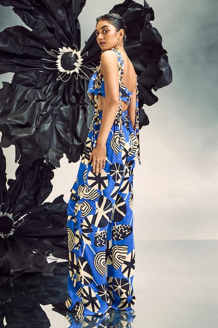 Maison Blu Abstract Geometric Print Cargo Top With Cargo Pant 