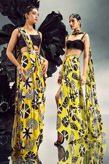 Maison Blu Yellow Silk, Crepe, Georgette Abstract Geometric Draped Skirt And Bustier Set Online at Aza Fashions Maison Blu_Yellow Silk, Crepe, Georgette Abstract Geometric Draped Skirt And Bustier Set _Online_at_Aza_Fashions