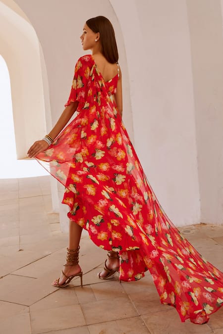 Pallavi Jaipur Chilli Red Poppy Planet Print Dress Saree 