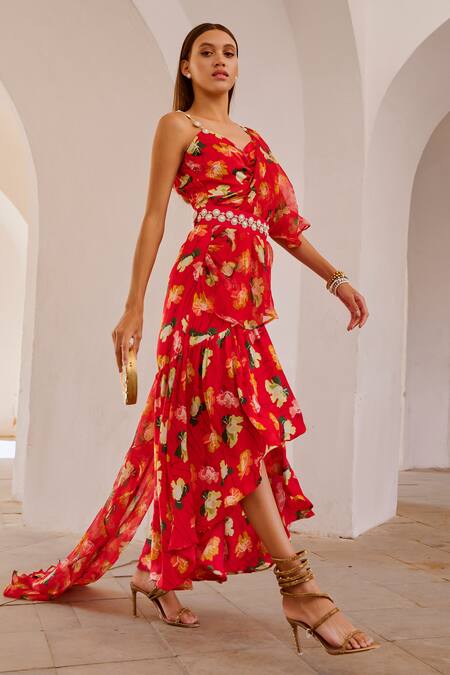 Pallavi Jaipur_Red Chiffon, Linen Diamonds Chilli Poppy Planet Print Dress Saree _Online_at_Aza_Fashions