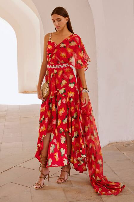 Buy_Pallavi Jaipur_Red Chiffon, Linen Diamonds Chilli Poppy Planet Print Dress Saree _Online_at_Aza_Fashions