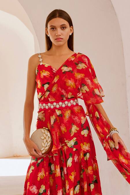 Shop_Pallavi Jaipur_Red Chiffon, Linen Diamonds Chilli Poppy Planet Print Dress Saree _Online_at_Aza_Fashions