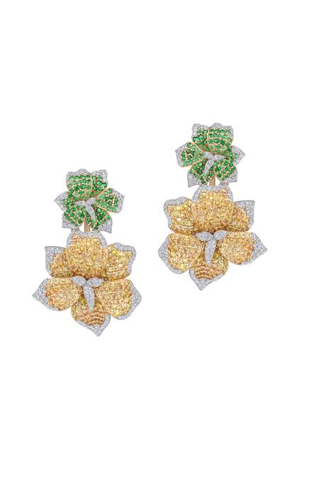 Shop Kaj Fine Jewellery Yellow Diamonds, Smocking 18kt Gold Sapphires And Tsavorite Floral Danglers at Aza Fashions Shop_Kaj Fine Jewellery_Yellow Diamonds, Smocking 18kt Gold Sapphires And Tsavorite Floral Danglers_at_Aza_Fashions