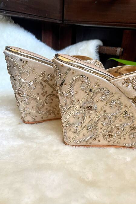 Modanta Footwear Gold Zari, Sequins Zardozi Embroidered Wedges Online at Aza Fashions Modanta Footwear_Gold Zari, Sequins Zardozi Embroidered Wedges _Online_at_Aza_Fashions