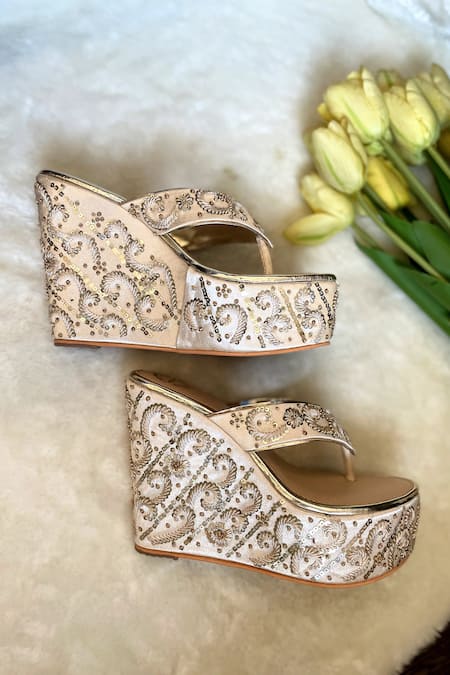 Buy Modanta Footwear Gold Zari, Sequins Zardozi Embroidered Wedges Online at Aza Fashions Buy_Modanta Footwear_Gold Zari, Sequins Zardozi Embroidered Wedges _Online_at_Aza_Fashions