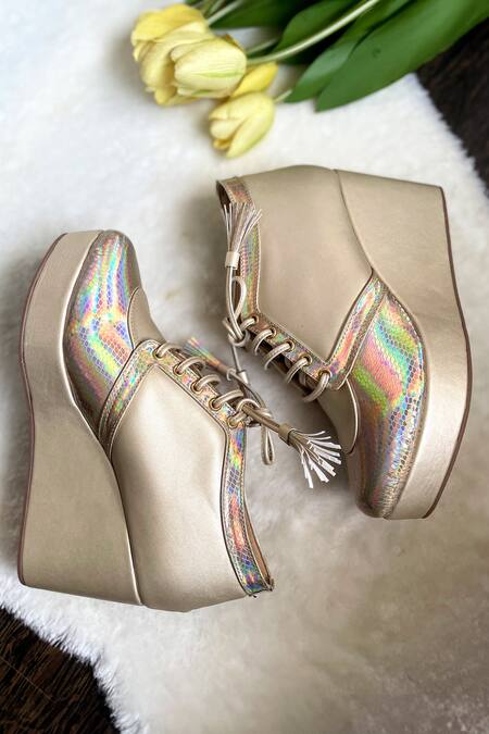 Modanta Footwear Gold Rainbow Sneaker Wedges Online at Aza Fashions Modanta Footwear_Gold Rainbow Sneaker Wedges _Online_at_Aza_Fashions