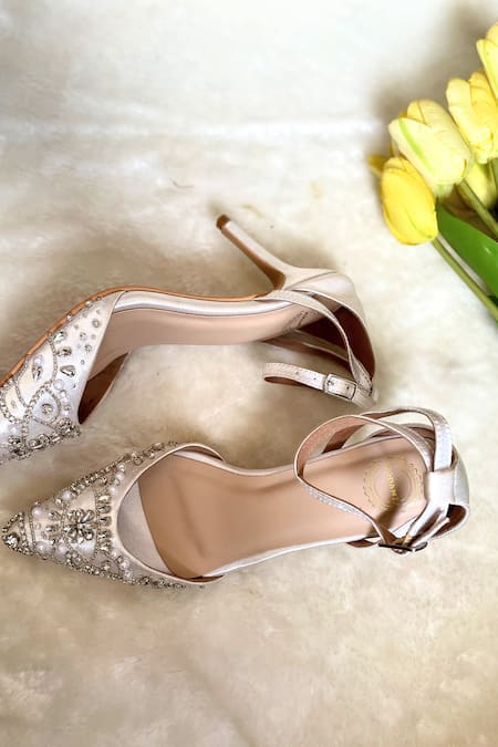 Shop Modanta Footwear White Diamonds, Beads Embroidered Pump Heels at Aza Fashions Shop_Modanta Footwear_White Diamonds, Beads Embroidered Pump Heels _at_Aza_Fashions