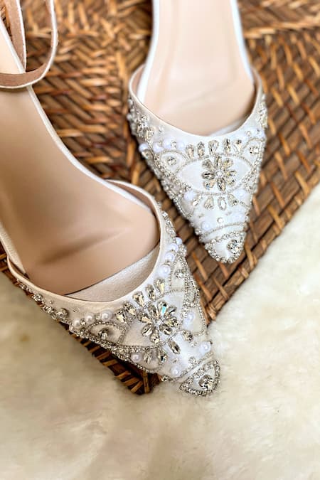 Modanta Footwear White Diamonds, Beads Embroidered Pump Heels Online at Aza Fashions Modanta Footwear_White Diamonds, Beads Embroidered Pump Heels _Online_at_Aza_Fashions