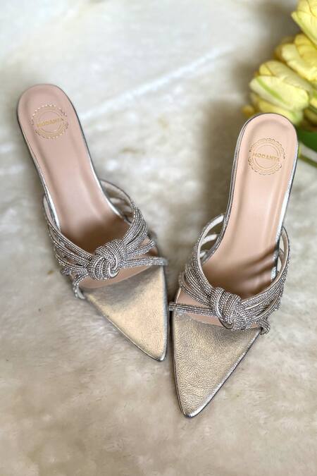 Buy_Modanta Footwear_Silver Diamonds Strap Embellished Knotted Heels _Online_at_Aza_Fashions
