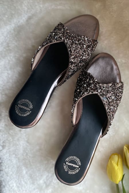 Shop Modanta Footwear Grey Cut Work, Sequins Cutdana Embroidered Wedges at Aza Fashions Shop_Modanta Footwear_Grey Cut Work, Sequins Cutdana Embroidered Wedges _at_Aza_Fashions