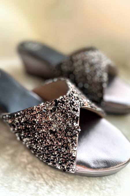 Modanta Footwear Grey Cut Work, Sequins Cutdana Embroidered Wedges Online at Aza Fashions Modanta Footwear_Grey Cut Work, Sequins Cutdana Embroidered Wedges _Online_at_Aza_Fashions