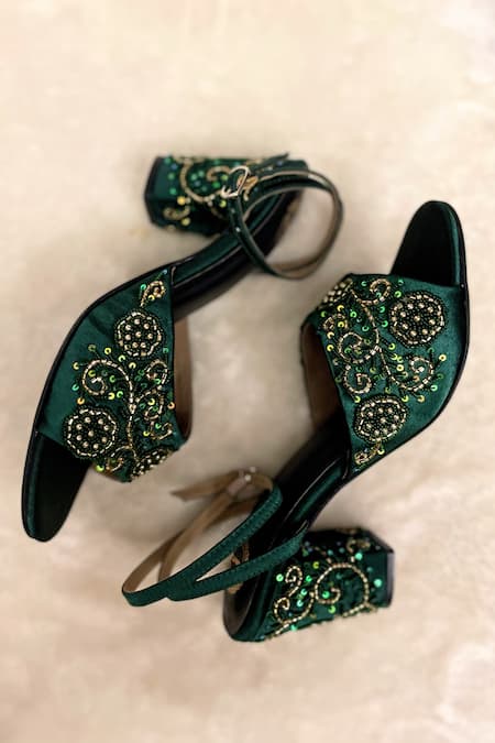 Shop Modanta Footwear Green Cut Work, Beads, Sequins Cutdana Embroidered Heels at Aza Fashions Shop_Modanta Footwear_Green Cut Work, Beads, Sequins Cutdana Embroidered Heels _at_Aza_Fashions