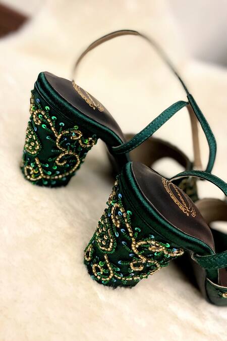 Modanta Footwear Green Cut Work, Beads, Sequins Cutdana Embroidered Heels Online at Aza Fashions Modanta Footwear_Green Cut Work, Beads, Sequins Cutdana Embroidered Heels _Online_at_Aza_Fashions
