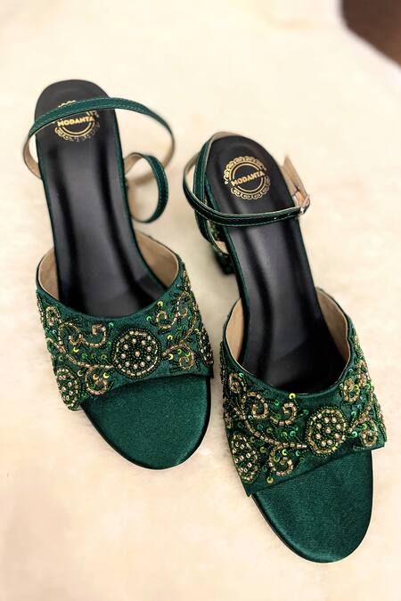 Buy Modanta Footwear Green Cut Work, Beads, Sequins Cutdana Embroidered Heels Online at Aza Fashions Buy_Modanta Footwear_Green Cut Work, Beads, Sequins Cutdana Embroidered Heels _Online_at_Aza_Fashions