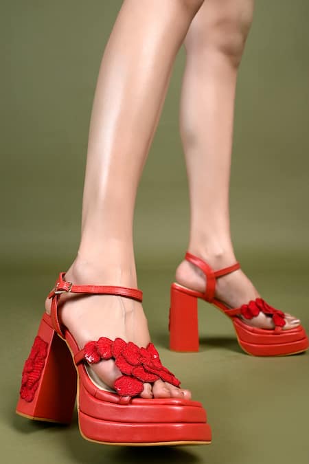 SOLE HOUSE Red Sequin Flora Applique Valentina Bloom Embellished Block Heels 