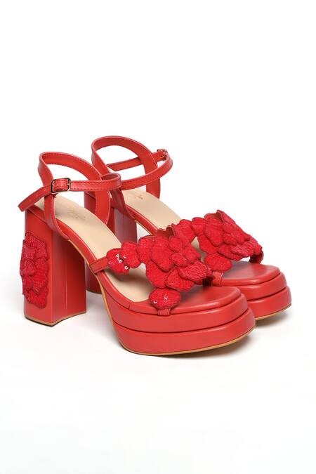 Sole House_Red Sequins, Applique Valentina Bloom Embellished Block Heels _Online_at_Aza_Fashions
