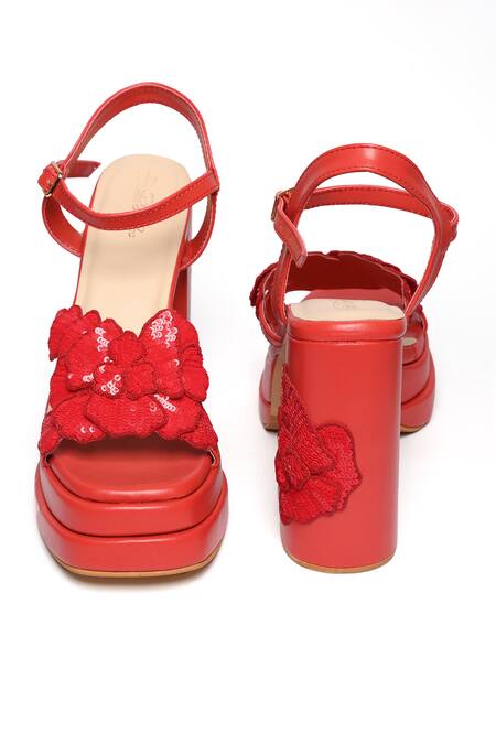 Buy_Sole House_Red Sequins, Applique Valentina Bloom Embellished Block Heels _Online_at_Aza_Fashions