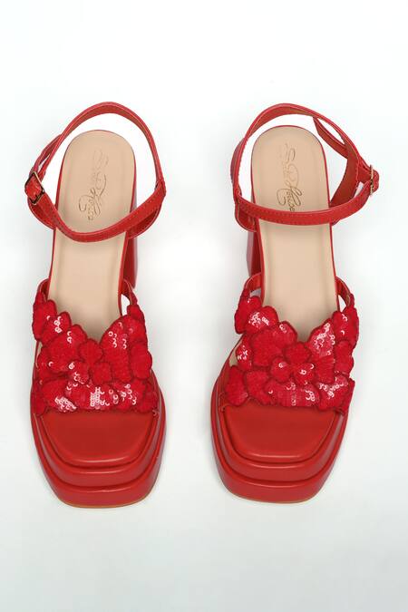 Shop_Sole House_Red Sequins, Applique Valentina Bloom Embellished Block Heels _Online_at_Aza_Fashions