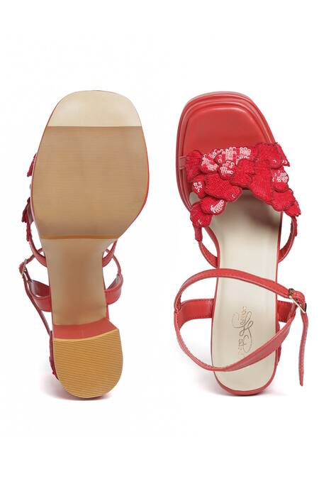 Sole House_Red Sequins, Applique Valentina Bloom Embellished Block Heels _at_Aza_Fashions