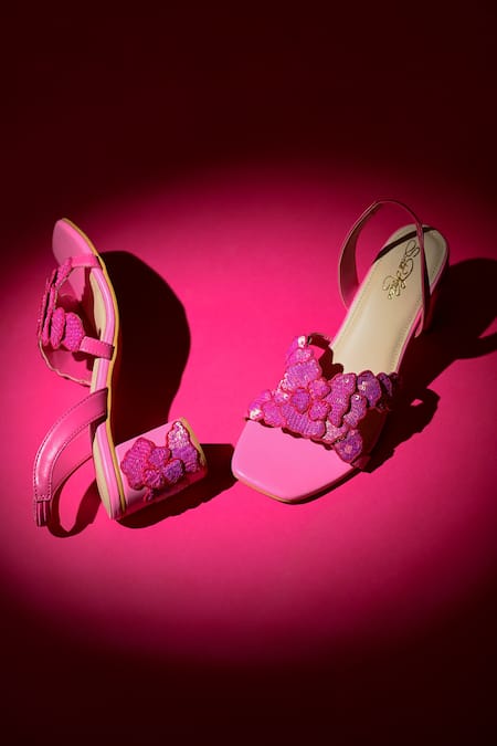 Shop Sole House Pink Sequins Valentina Blossom Embellished Block Heels at Aza Fashions Shop_Sole House_Pink Sequins Valentina Blossom Embellished Block Heels _at_Aza_Fashions