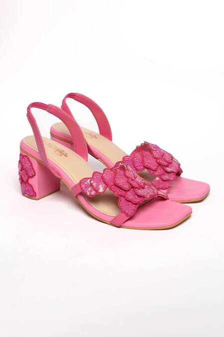 Sole House Pink Sequins Valentina Blossom Embellished Block Heels Online at Aza Fashions Sole House_Pink Sequins Valentina Blossom Embellished Block Heels _Online_at_Aza_Fashions