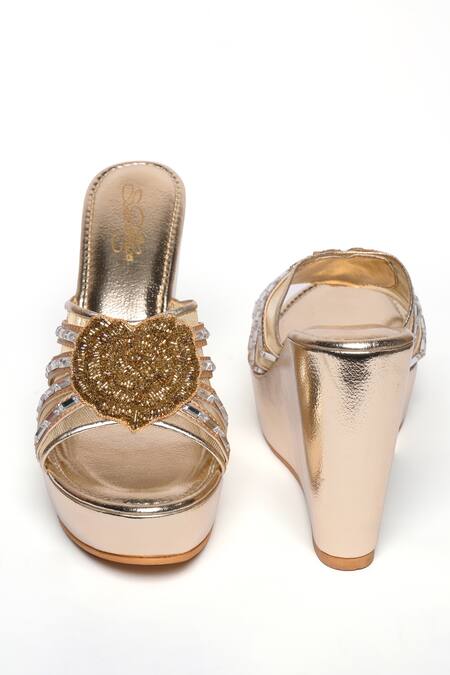 Sole House Gold Cutdana Love Heart Applique Embellished Wedges Online at Aza Fashions Sole House_Gold Cutdana Love Heart Applique Embellished Wedges_Online_at_Aza_Fashions