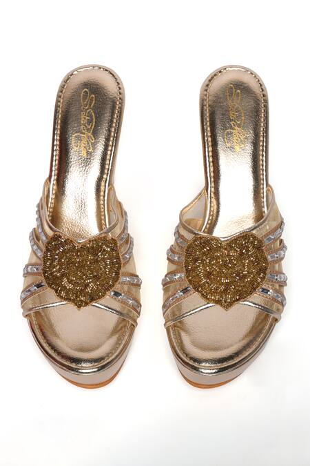Buy Sole House Gold Cutdana Love Heart Applique Embellished Wedges Online at Aza Fashions Buy_Sole House_Gold Cutdana Love Heart Applique Embellished Wedges_Online_at_Aza_Fashions