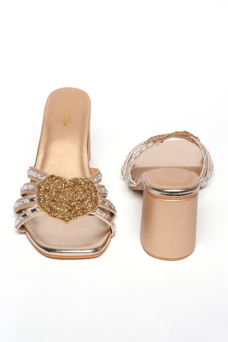 Sole House_Gold Cutdana Heart Applique Embellished Wedges_at_Aza_Fashions