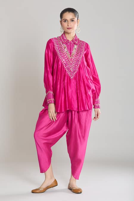 Siyona by Ankurita Pink Pure Chanderi Silk Embroidered Sequin Short Pleated Kurta And Dhoti Pant Set 