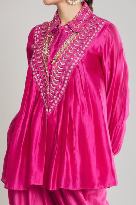 Buy_Siyona By Ankurita_Pink Pure Chanderi Silk Embroidered Sequin Short Pleated Kurta And Dhoti Pant Set _Online_at_Aza_Fashions