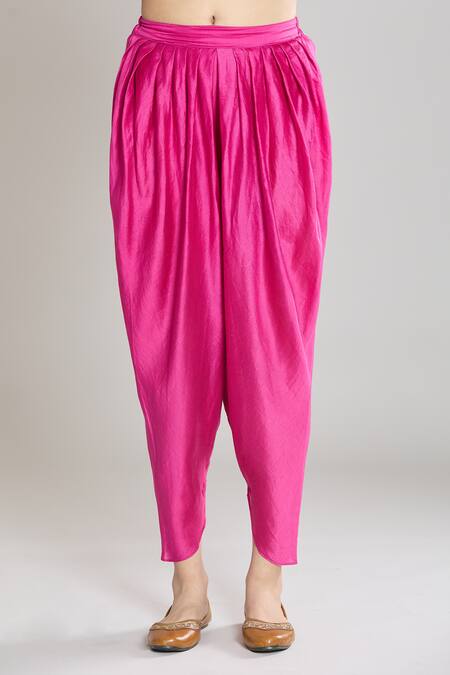 Shop_Siyona By Ankurita_Pink Pure Chanderi Silk Embroidered Sequin Short Pleated Kurta And Dhoti Pant Set _Online_at_Aza_Fashions