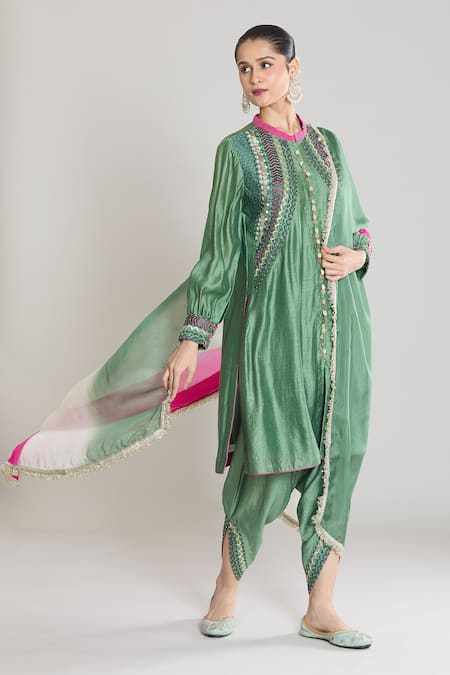 Buy_Siyona By Ankurita_Green Kurta And Salwar Pure Chanderi Silk Embroidered Sequin Pakistani Set _Online_at_Aza_Fashions